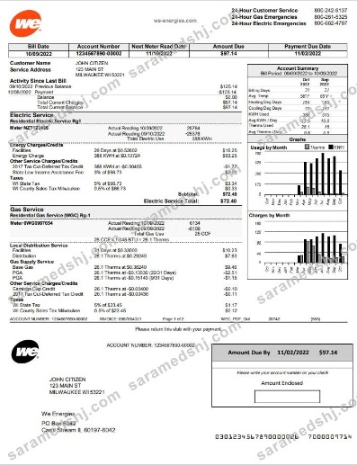 USA Wisconsin We Energies electricity utility bill template in Word and PDF format